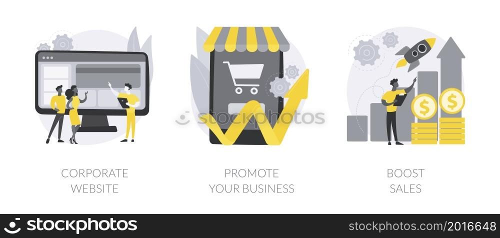 Business growth abstract concept vector illustration set. Corporate website, promote your business, boost sales, product digital marketing, entrepreneur self-promotion, sales plan abstract metaphor.. Business growth abstract concept vector illustrations.