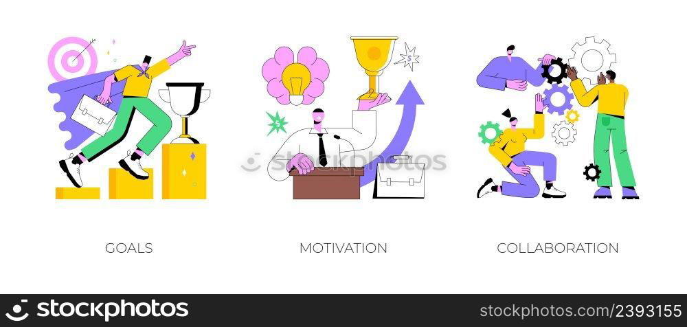Business growth abstract concept vector illustration set. Goals, motivation and collaboration, achievement and coaching, enterprise cooperation, business meeting, smart planning abstract metaphor.. Business growth abstract concept vector illustrations.