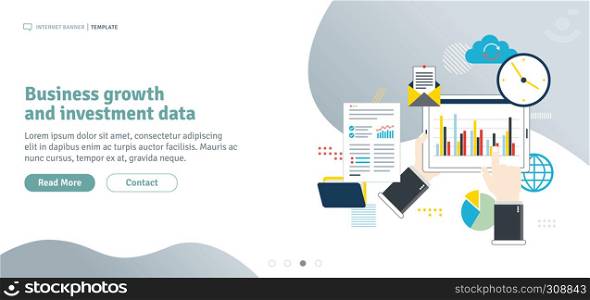 Business growth and investment data. Financial investment, analytics with growth report and successful business.Template in flat design for web banner or infographic with icons in vector illustration.