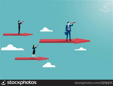 Business growth concept, Business team stand on arrow flying over the clouds, Symbol of success, Vision, Leadership, Achievement, Eps10 vector illustration