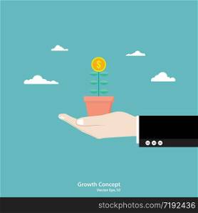 Business growth concept. Businessman hand holding money Tree. Vector illustration flat design