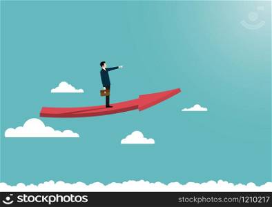 Business growth concept, Businessman stand on arrow flying over the clouds, Symbol of success, Vision, Leadership, Achievement, Eps10 vector illustration