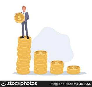 Business growth concept. Businessman stand on the top of stack of growth money coins. Vector illustration