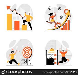 Business growth concept with character set. Collection of scenes people develop business project, increase sales data, earning money and target career goal. Vector illustrations in flat web design