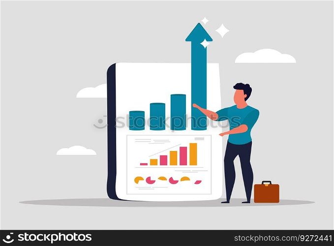 Business growth of the company, increase in income and return on investment. Sales growth and a successful businessman stands near the graph and looks at the up arrow. Vector illustration