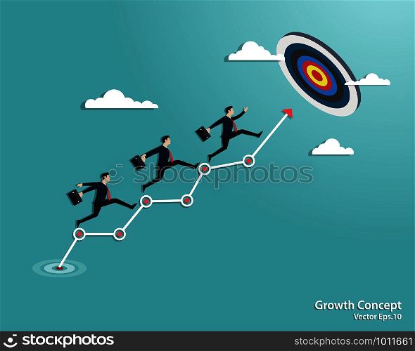 Business growth strategies concept. Businessman running on the arrow up to goal the success, Teamwork, Achievement, Leadership, Career, Vector illustration flat