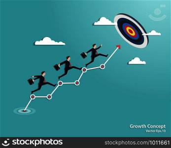 Business growth strategies concept. Businessman running on the arrow up to goal the success, Teamwork, Achievement, Leadership, Career, Vector illustration flat