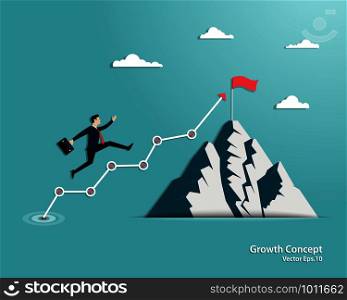 Business growth strategies concept. Businessman walking on the arrow up to goal the success. Mountain with success flag, Achievement, Leadership, Career, Vector illustration flat