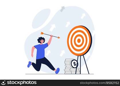 Business growth web concept with character scene. Man hits target with arrow and improves financial income. People situation in flat design. Vector illustration for social media marketing material.
