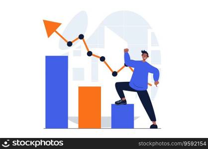 Business growth web concept with character scene. Man rejoices in growth of sales and increase in profits. People situation in flat design. Vector illustration for social media marketing material.