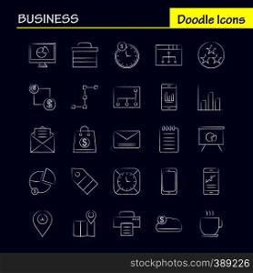 Business Hand Drawn Icons Set For Infographics, Mobile UX/UI Kit And Print Design. Include: Network, Internet, Sharing, Networking, Monitor, Share, Search, Computer, Collection Modern Infographic Logo and Pictogram. - Vector