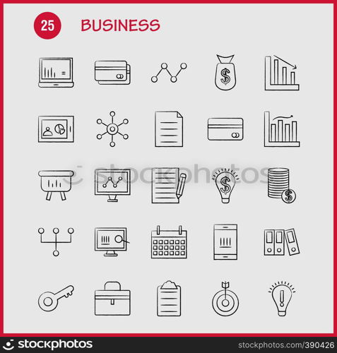 Business Hand Drawn Icons Set For Infographics, Mobile UX/UI Kit And Print Design. Include: Globe, Internet, Network, Vector, Passport, Euro, Book, Document, Collection Modern Infographic Logo and Pictogram. - Vector