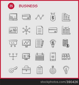 Business Hand Drawn Icons Set For Infographics, Mobile UX/UI Kit And Print Design. Include: Globe, Internet, Network, Vector, Passport, Euro, Book, Document, Collection Modern Infographic Logo and Pictogram. - Vector