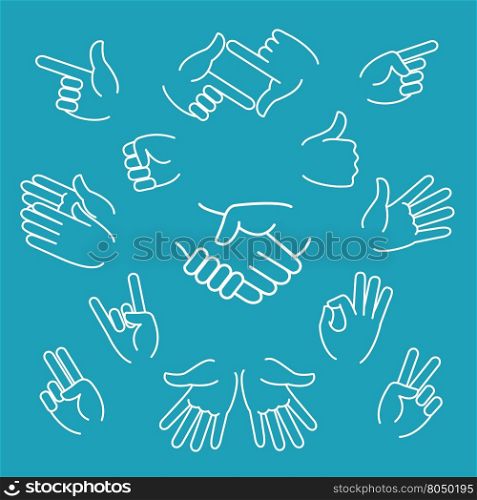 Business hand gestures linear icons. Business hand gestures linear icons and handshake thin line sign. Vector illustration