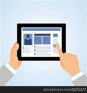Business hand holding and using tablet computer and touching the screen concept vector illustration