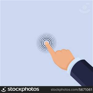 Business hand in suit touches screen button vector illustration