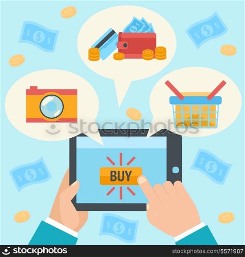 Business hand making internet purchase in online shop using mobile tablet concept vector illustration