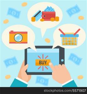 Business hand making internet purchase in online shop using mobile tablet concept vector illustration