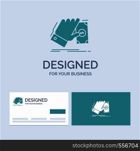 business, hand, money, earn, dollar Business Logo Glyph Icon Symbol for your business. Turquoise Business Cards with Brand logo template.. Vector EPS10 Abstract Template background