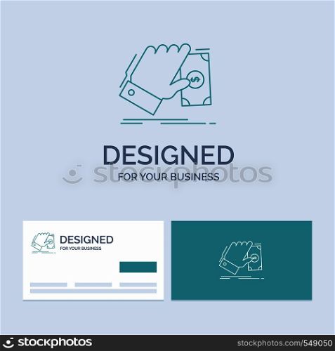 business, hand, money, earn, dollar Business Logo Line Icon Symbol for your business. Turquoise Business Cards with Brand logo template. Vector EPS10 Abstract Template background