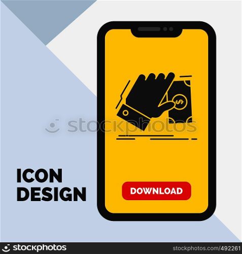 business, hand, money, earn, dollar Glyph Icon in Mobile for Download Page. Yellow Background. Vector EPS10 Abstract Template background
