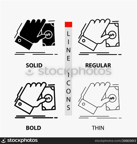 business, hand, money, earn, dollar Icon in Thin, Regular, Bold Line and Glyph Style. Vector illustration
