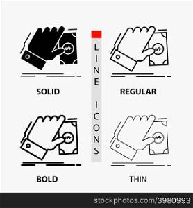 business, hand, money, earn, dollar Icon in Thin, Regular, Bold Line and Glyph Style. Vector illustration