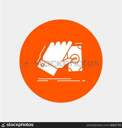 business, hand, money, earn, dollar White Glyph Icon in Circle. Vector Button illustration. Vector EPS10 Abstract Template background