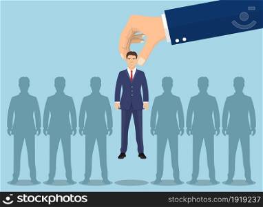 Business hand picking up a businessman. concept of searching for professional stuff, head hunter job, employment issue, human resources management. Vector illustration in flat style. Business hand picking up a businessman.