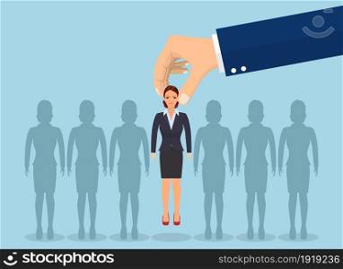 Business hand picking up a businesswoman. concept of searching for professional stuff, head hunter job, employment issue, human resources management. Vector illustration in flat style. Business hand picking up a businesswoman.