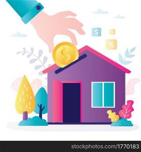 Business hand puts coin in house. Saving money for real estate investing. Investment concept. Buying a property, capital increase. Rental income, house loan, mortgage debt. Flat vector illustration. Business hand puts coin in house. Saving money for real estate investing. Investment concept. Buying a property, capital increase.