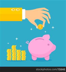 Business hand putting gold coin in piggy bank concept vector illustration