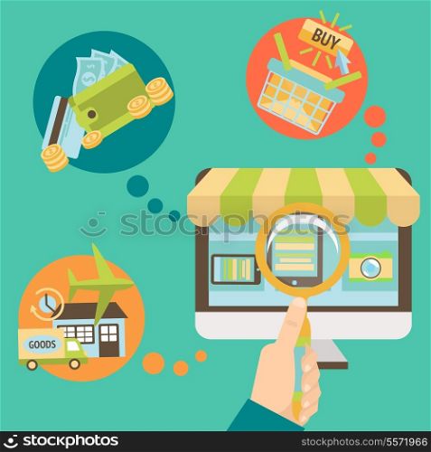 Business hand searching internet website shop catalog to make online purchase and order delivery concept vector illustration