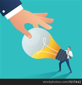 business hand stealing idea light bulb. plagiarism concept business vector illustration