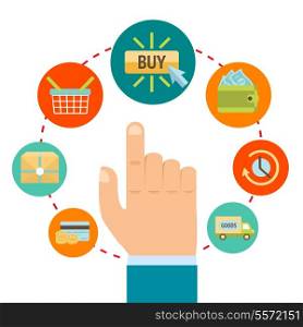 Business hand touching buy button, online internet shopping concept vector illustration