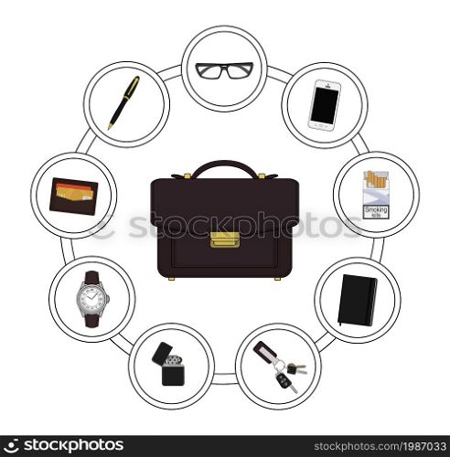 Business handbag contents. Every day carry objects in round frame. Vector clip art illustrations isolated on white. Business handbag contents