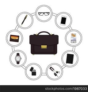 Business handbag contents. Every day carry objects in round frame. Vector clip art illustrations isolated on white. Business handbag contents