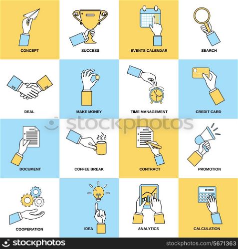 Business hands flat line set with concept success events calendar isolated vector illustration