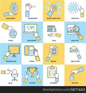 Business hands flat line set with make money information mobile marketing isolated vector illustration