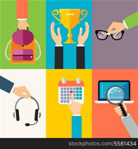 Business hands gestures design elements of holding backpack award cup glasses isolated vector illustration