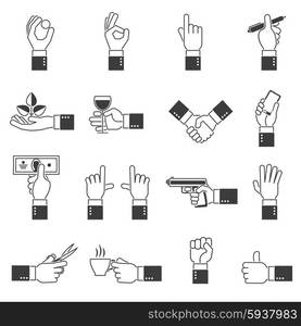 Business hands gestures icons black flat set isolated vector illustration. Hand Icons Black Set