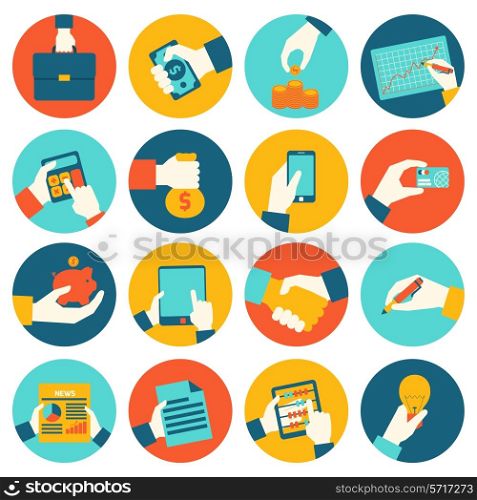 Business hands holding briefcase money coin graph financial icons set isolated vector illustration