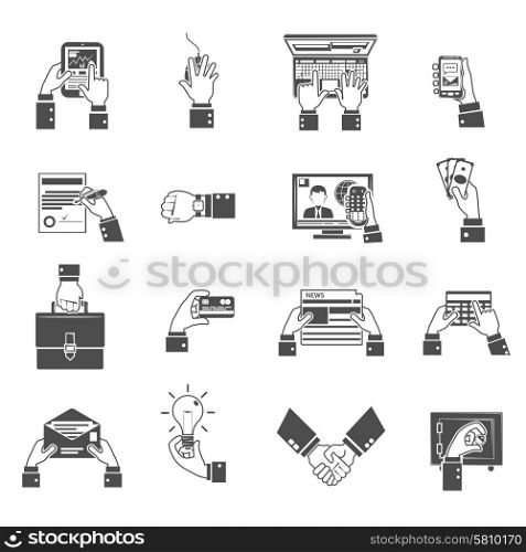 Business hands holding smartphone briefcase calculator icons black set isolated vector illustration. Business Hands Icons Black