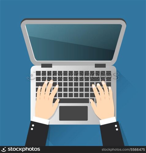 Business hands on notebook computer keyboard with open screen vector illustration