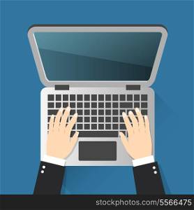 Business hands on notebook computer keyboard with open screen vector illustration