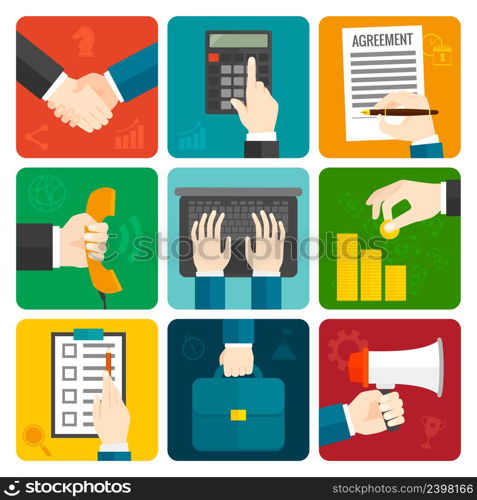 Business hands with megaphone briefcase phone flat icons set isolated vector illustration. Business Hands Flat Set