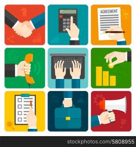 Business hands with megaphone briefcase phone flat icons set isolated vector illustration. Business Hands Flat Set