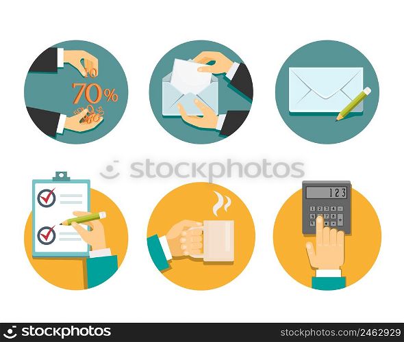 business hands with office objects vector illustration over white background