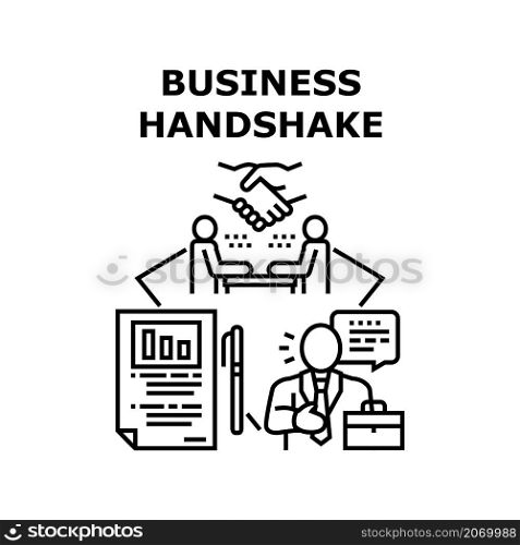 Business handshake deal agreement. People partnership. Hand shake success contract. Professional team communication vector concept black illustration. Business handshake icon vector illustration