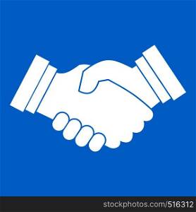 Business handshake icon white isolated on blue background vector illustration. Business handshake icon white